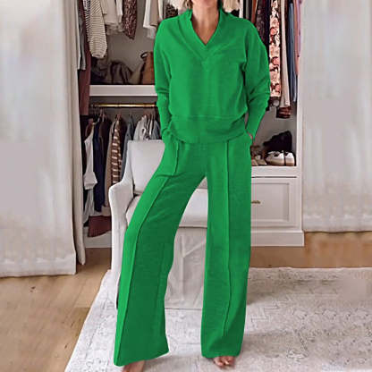 Women's Solid Color V-neck Top & Pants Two-piece Set