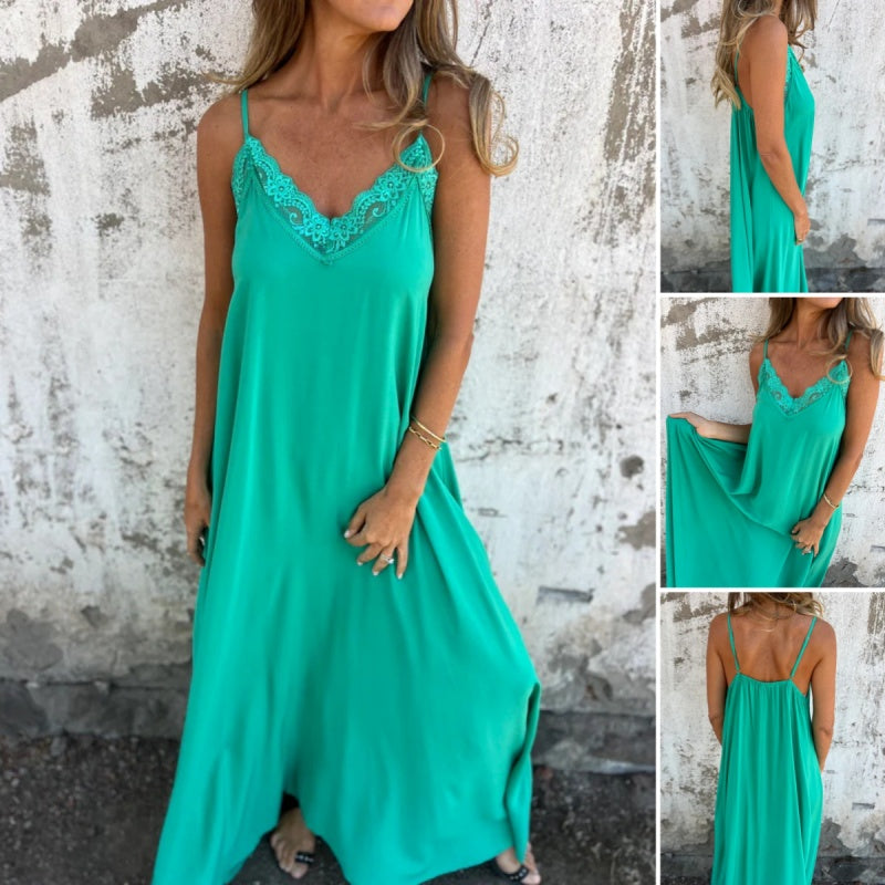 💐 Women's Elegant Lace Trim V-Neck Spaghetti Strap Maxi Dress