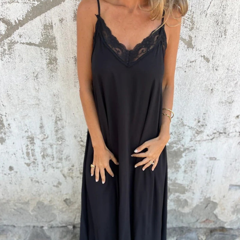 💐 Women's Elegant Lace Trim V-Neck Spaghetti Strap Maxi Dress