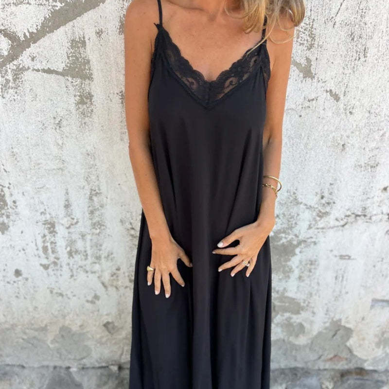 💐 Women's Elegant Lace Trim V-Neck Spaghetti Strap Maxi Dress