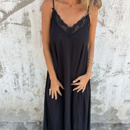 💐 Women's Elegant Lace Trim V-Neck Spaghetti Strap Maxi Dress