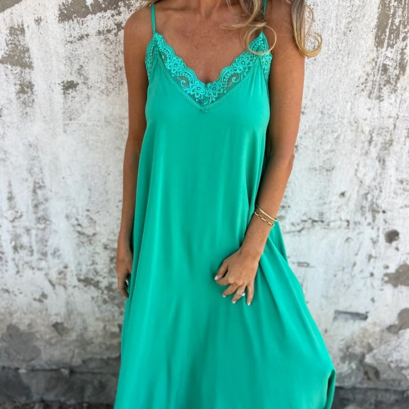 💐 Women's Elegant Lace Trim V-Neck Spaghetti Strap Maxi Dress