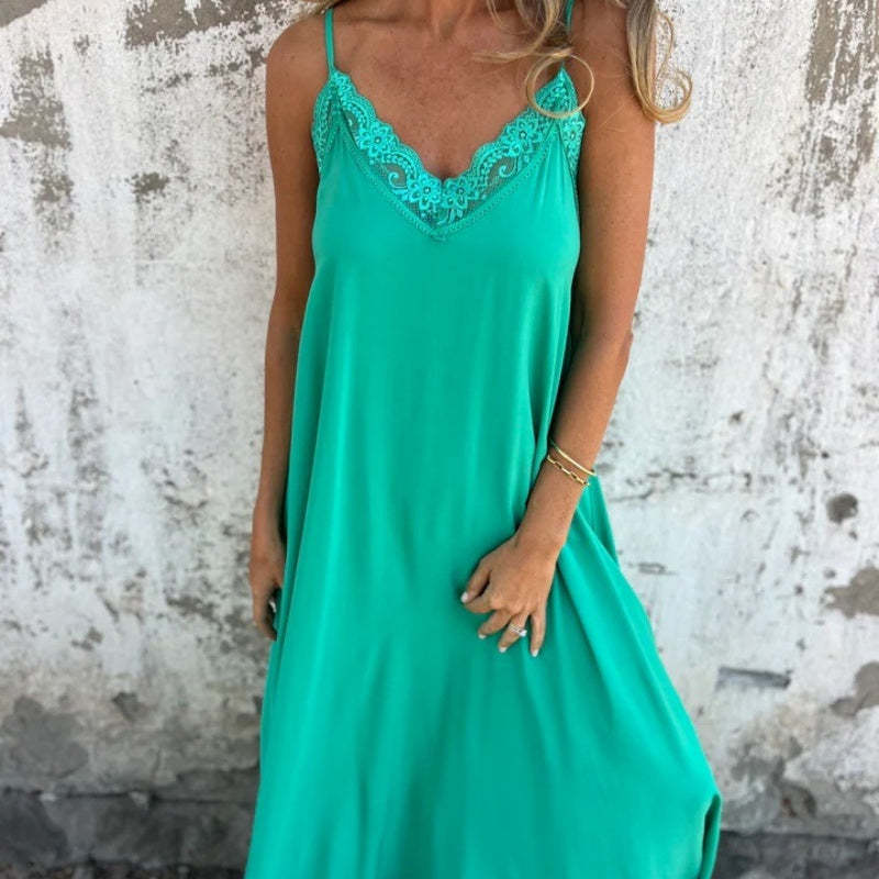💐 Women's Elegant Lace Trim V-Neck Spaghetti Strap Maxi Dress