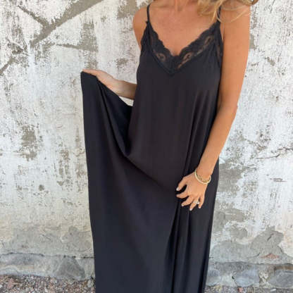 💐 Women's Elegant Lace Trim V-Neck Spaghetti Strap Maxi Dress