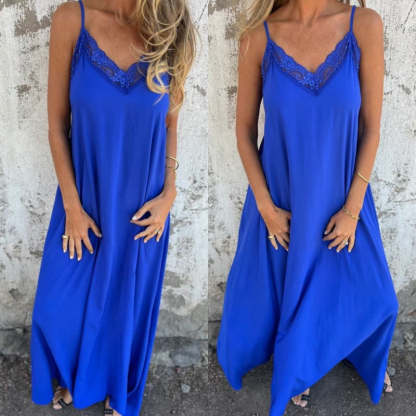 💐 Women's Elegant Lace Trim V-Neck Spaghetti Strap Maxi Dress