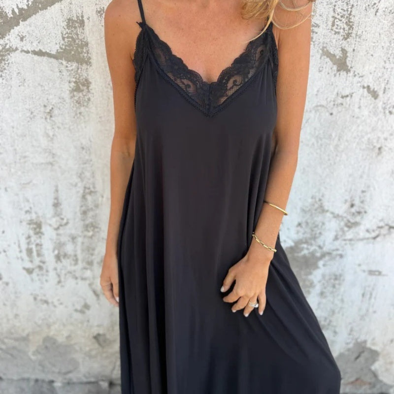💐 Women's Elegant Lace Trim V-Neck Spaghetti Strap Maxi Dress