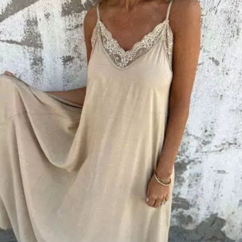 💐 Women's Elegant Lace Trim V-Neck Spaghetti Strap Maxi Dress