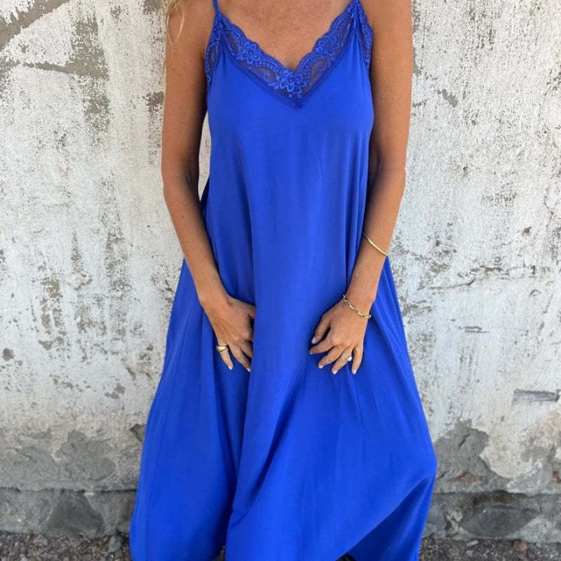 💐 Women's Elegant Lace Trim V-Neck Spaghetti Strap Maxi Dress