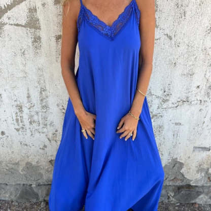 💐 Women's Elegant Lace Trim V-Neck Spaghetti Strap Maxi Dress