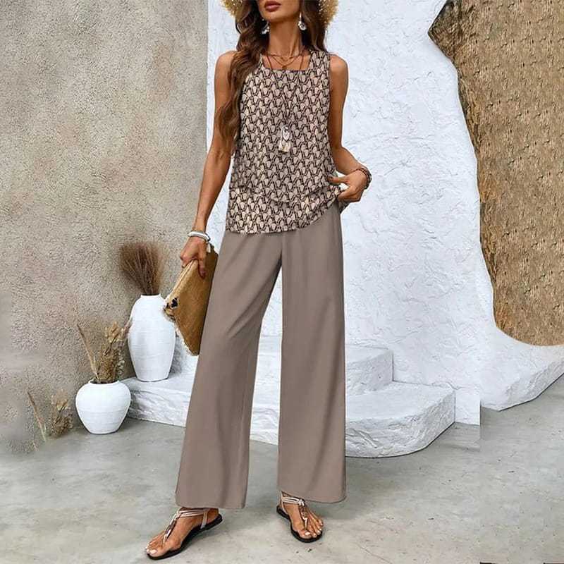 Women's Trendy Print 2 Piece Outfits Sleeveless Top & Pants