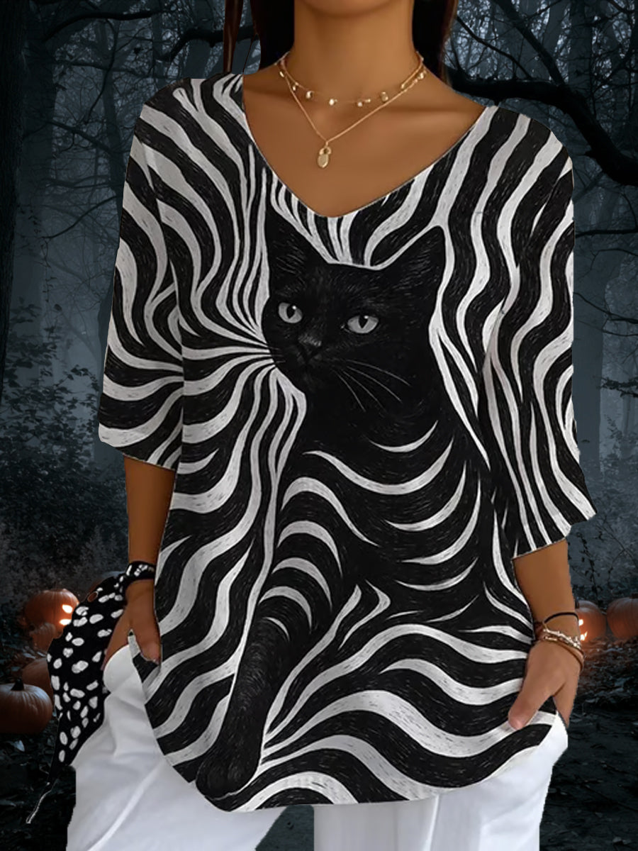 Women’s Black Cat Stripes Casual Long Sleeve Top