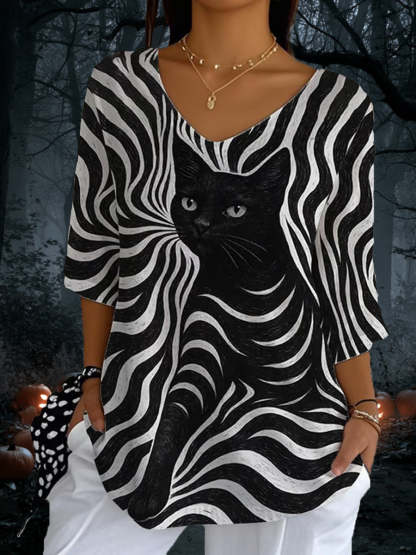 Women’s Black Cat Stripes Casual Long Sleeve Top