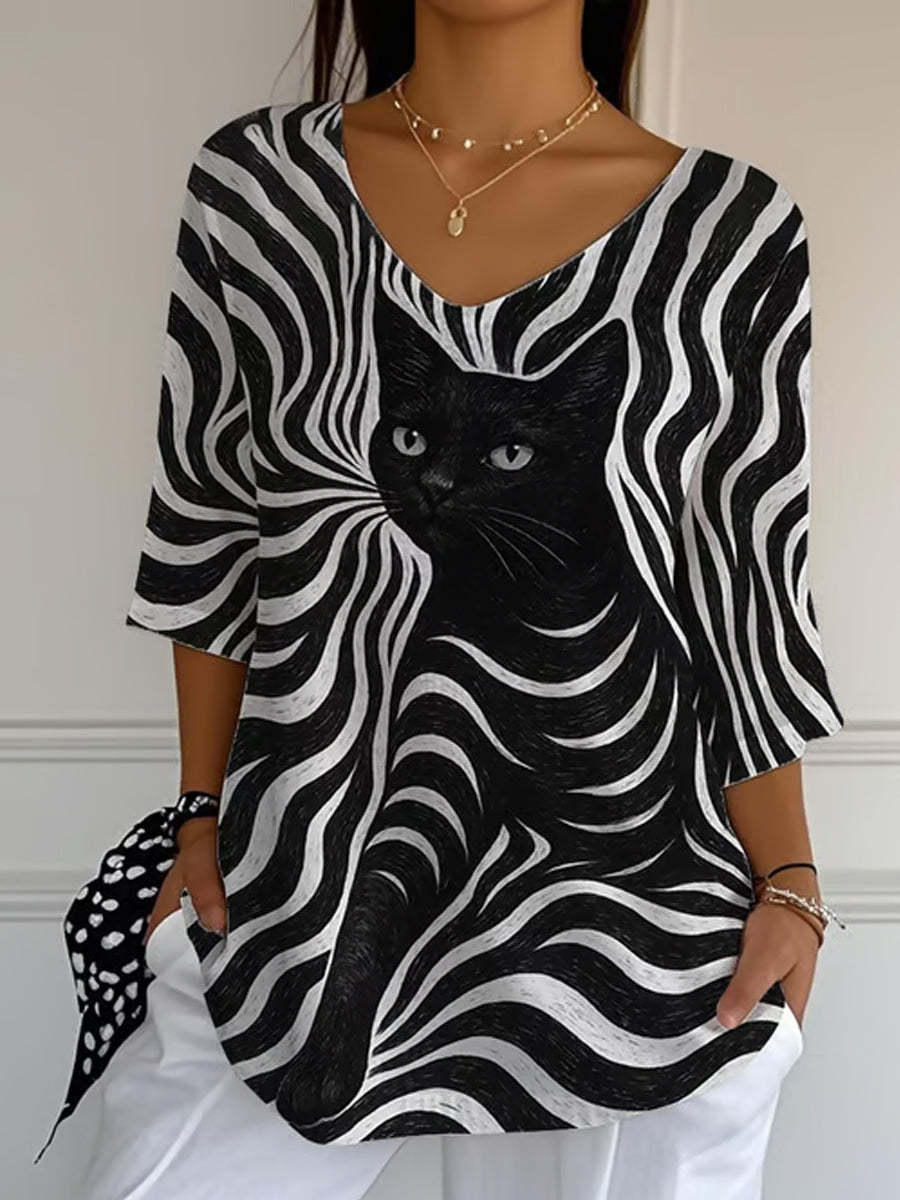 Women’s Black Cat Stripes Casual Long Sleeve Top
