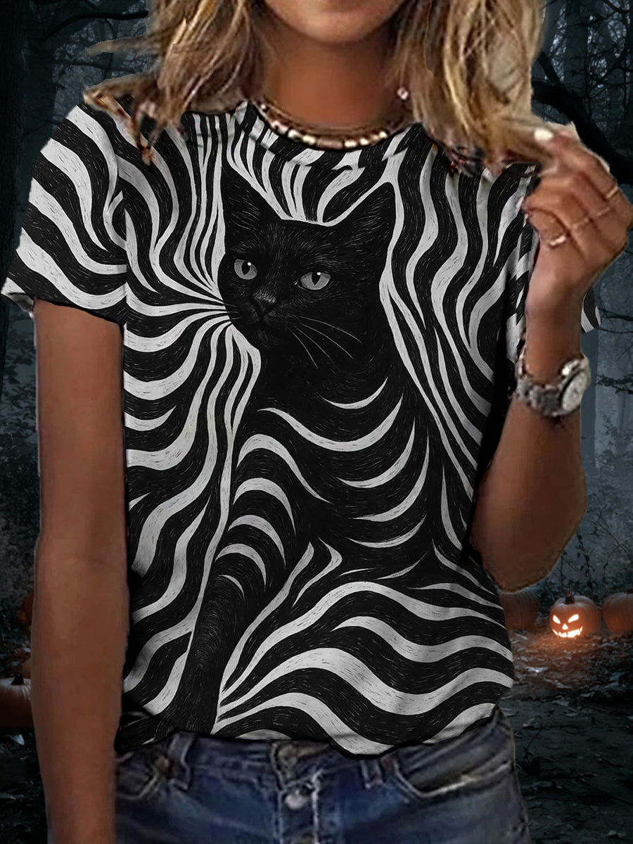 Women's Halloween Black Cat Stripes Print Casual Tee