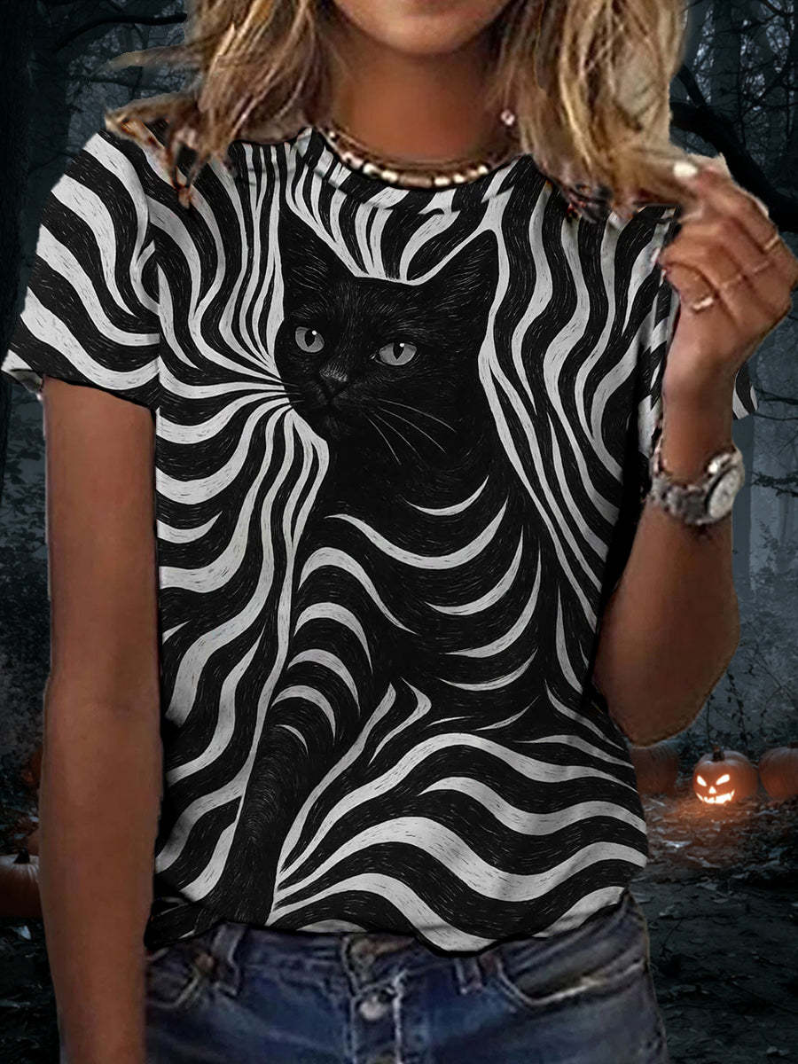 Women's Halloween Black Cat Stripes Print Casual Tee
