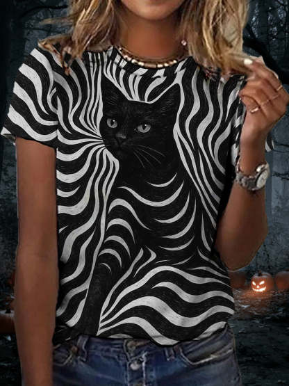 Women's Halloween Black Cat Stripes Print Casual Tee
