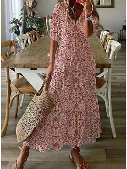 Boho Vintage V-Neck Printed Dress