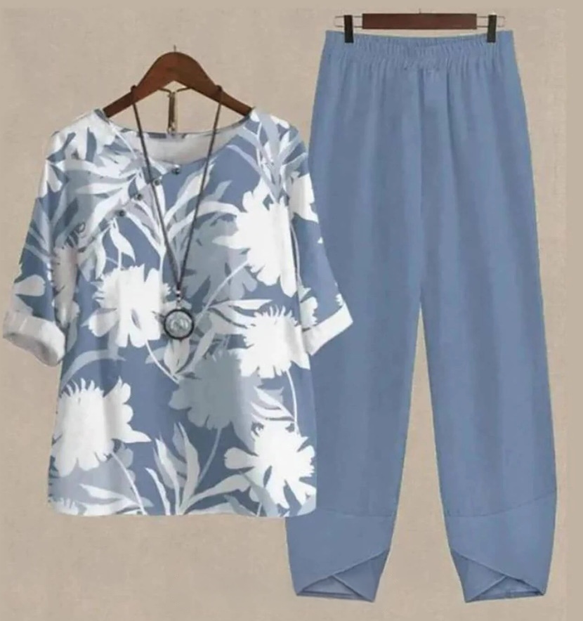 Women's Floral Leaf Two-Piece Set Light Blue Casual Summer Top with Pants