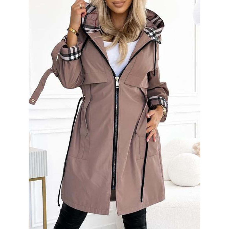 Spring and autumn hooded zipper casual trench coat