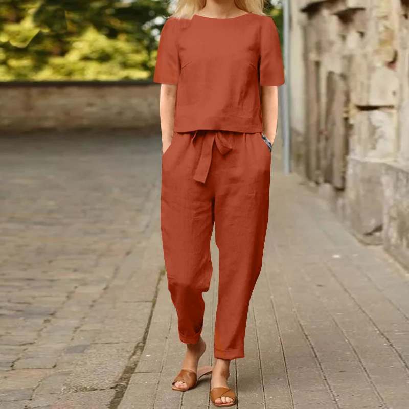 2025 new women's cotton and linen set half sleeve + wide leg pants