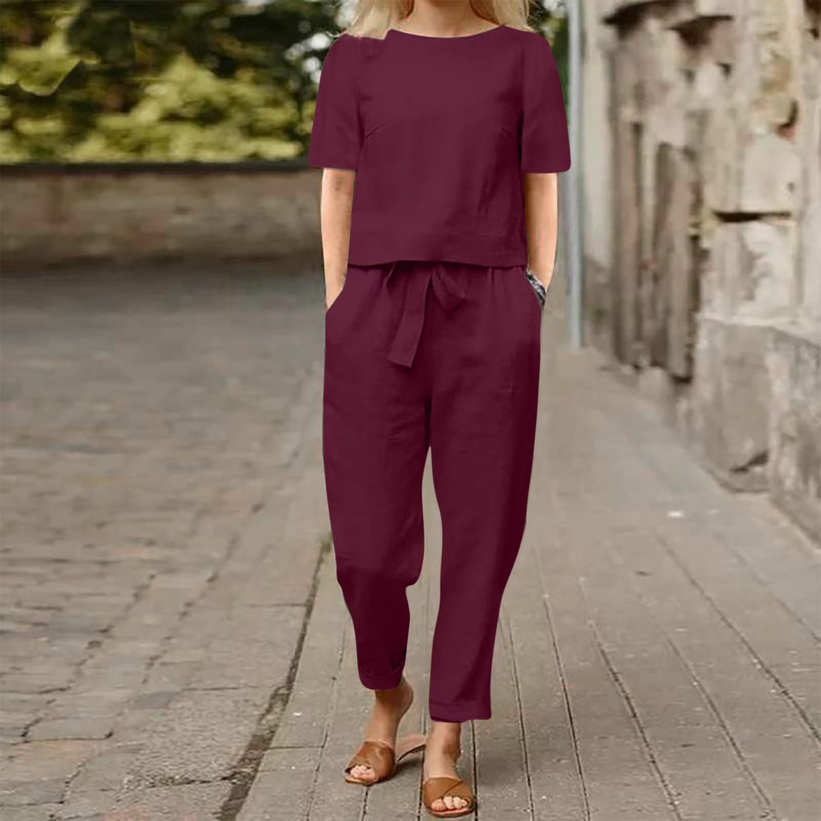 2025 new women's cotton and linen set half sleeve + wide leg pants