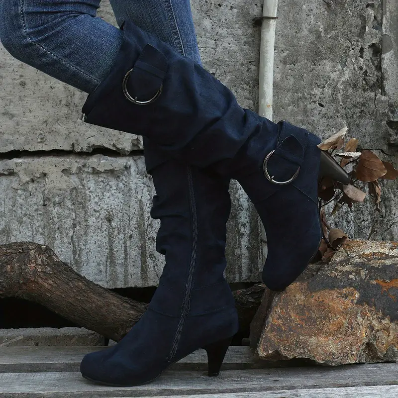 Women's Slouch Knee High Buckle Strap Side Zipper High Heeled Boots
