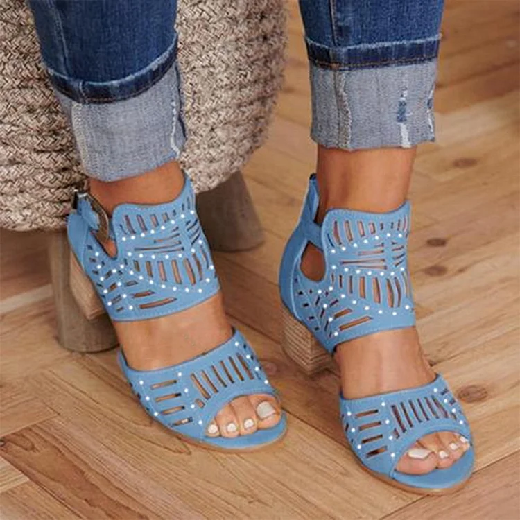 Vintage Hollow Out Sandals Mid Heel Buckle Ladies Shoes