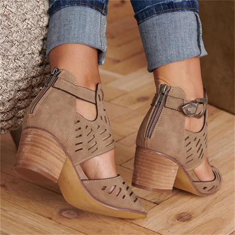 Vintage Hollow Out Sandals Mid Heel Buckle Ladies Shoes