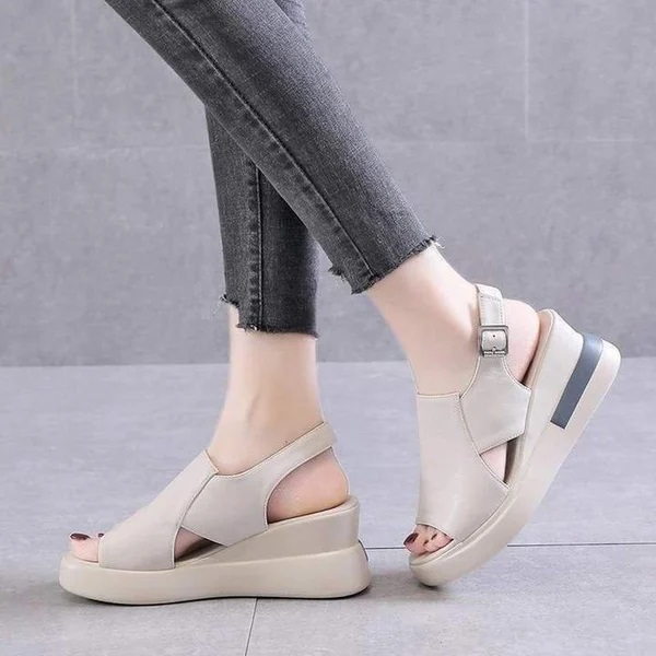 Wedge-Heel Shock-Absorbing Leather Sandals/Slipper