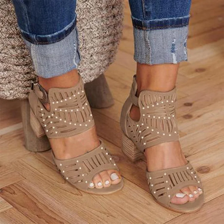 Vintage Hollow Out Sandals Mid Heel Buckle Ladies Shoes