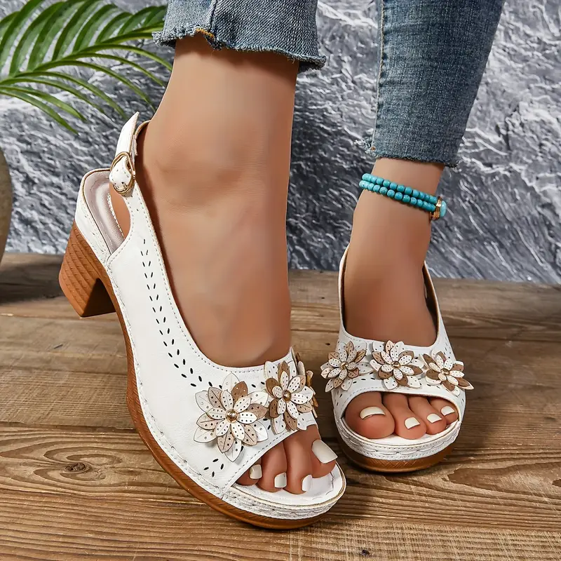 Comfortable PU Floral Block Heel Sandals