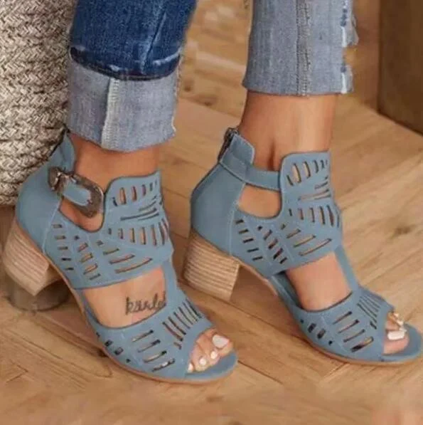 Vintage Hollow Out Sandals Mid Heel Buckle Ladies Shoes