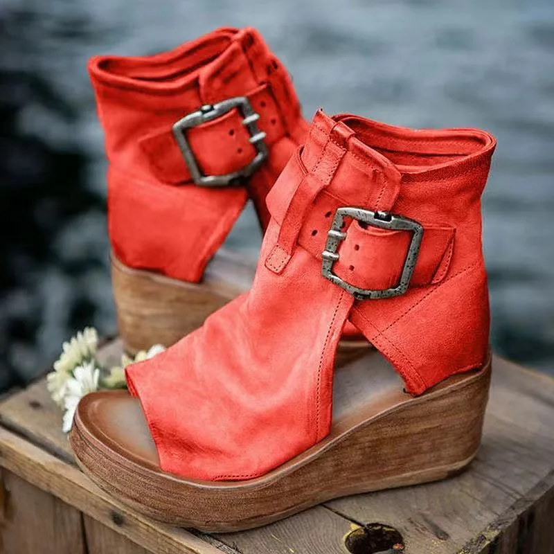 Buckle Wedge High Heel Solid Peep Open Toe Casual Sandals