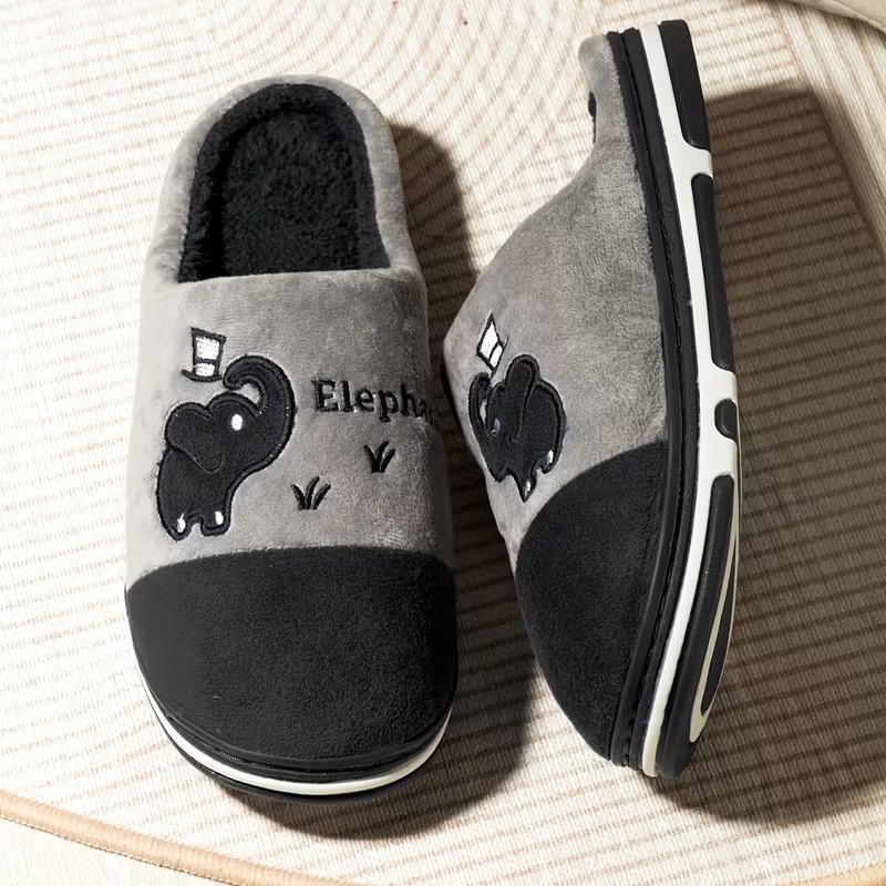 Women's Winter Plush Slip-On Slippers with Elephant Cartoon Design