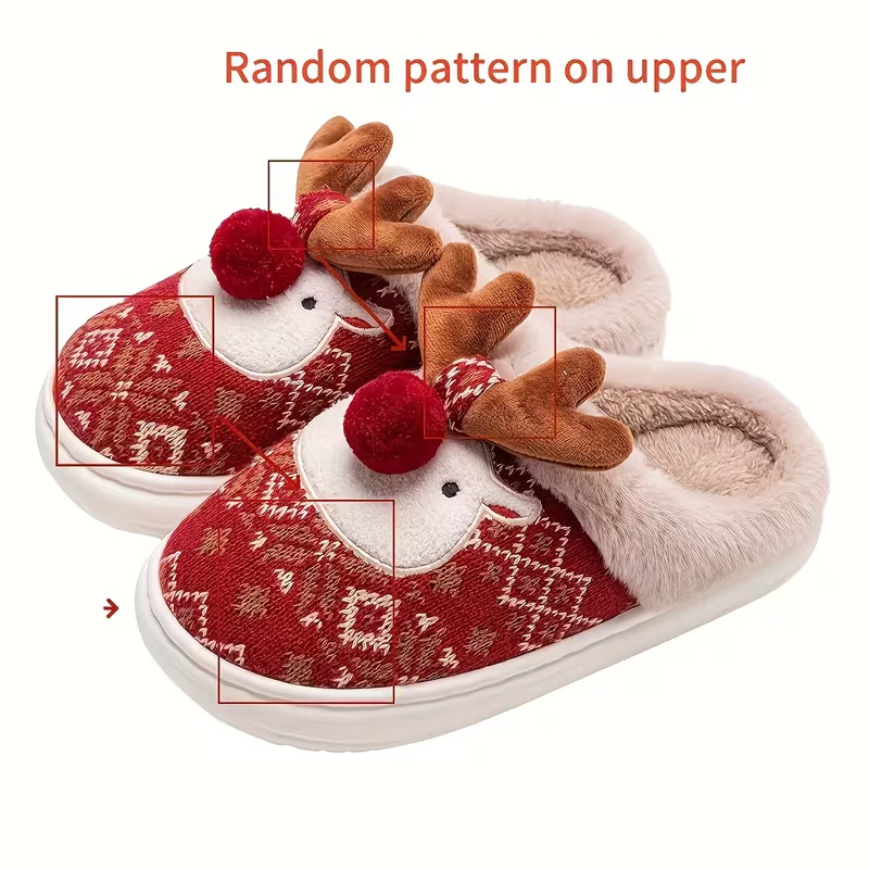 Soft Warm Fleece-Lined Cozy Christmas Reindeer Plush Slippers