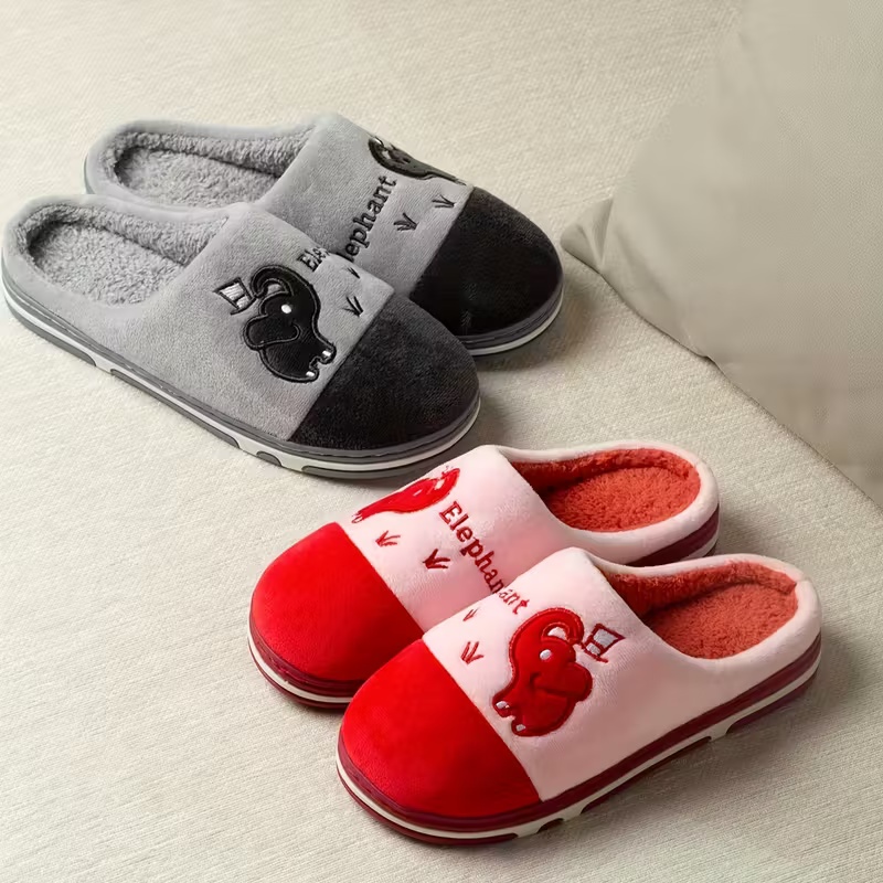 Women's Winter Plush Slip-On Slippers with Elephant Cartoon Design
