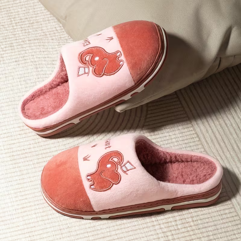 Women's Winter Plush Slip-On Slippers with Elephant Cartoon Design