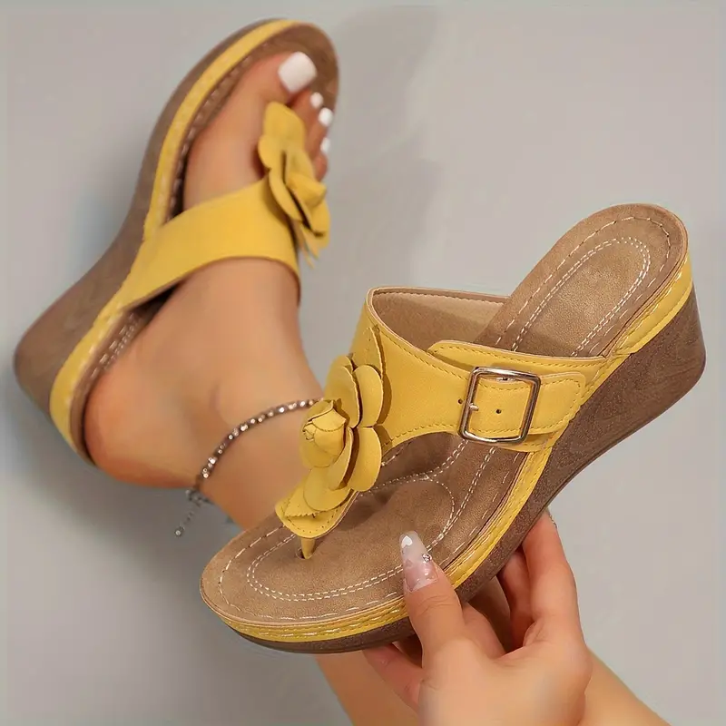 Floral-Embellished Wedge Thick-Soled Flip-Flop Sandals
