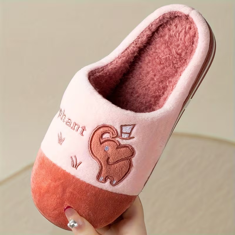 Women's Winter Plush Slip-On Slippers with Elephant Cartoon Design