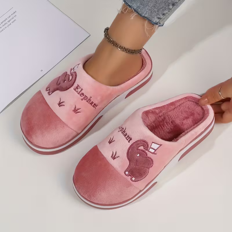 Women's Winter Plush Slip-On Slippers with Elephant Cartoon Design