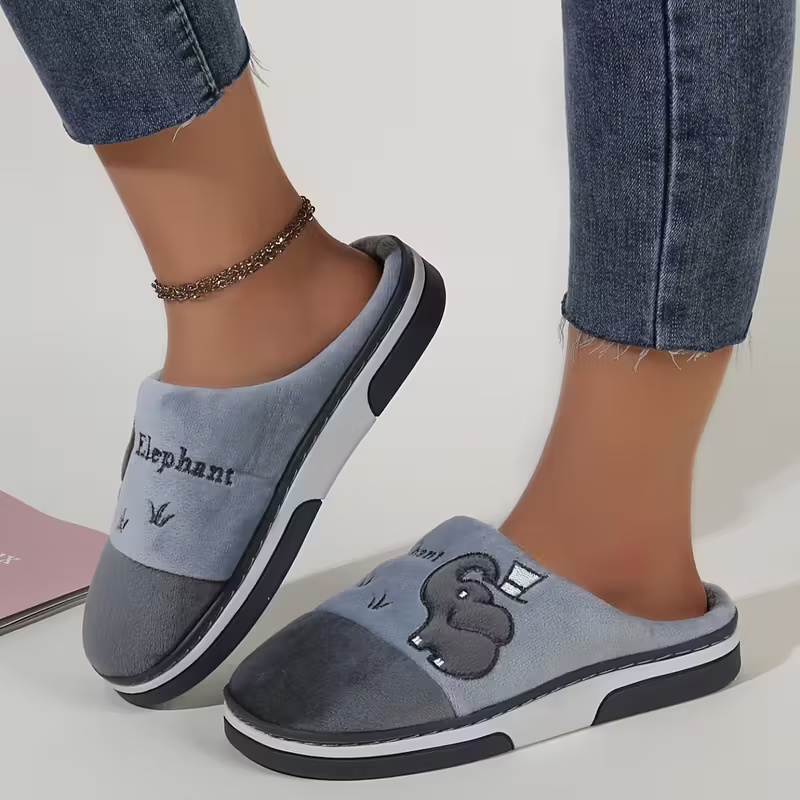 Women's Winter Plush Slip-On Slippers with Elephant Cartoon Design