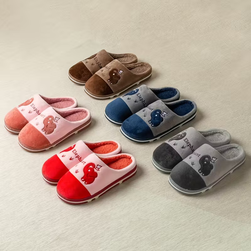Women's Winter Plush Slip-On Slippers with Elephant Cartoon Design