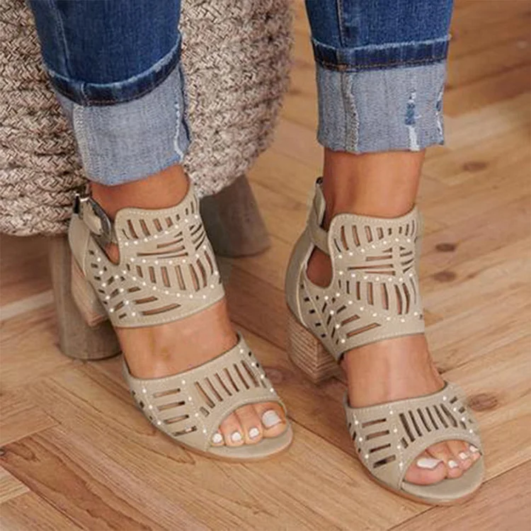 Vintage Hollow Out Sandals Mid Heel Buckle Ladies Shoes