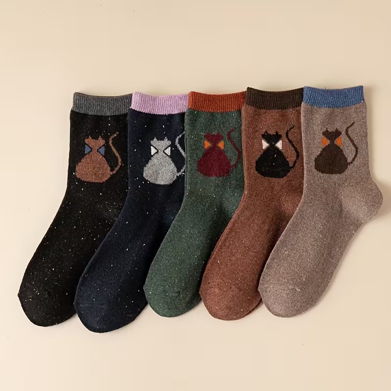 5 Pairs Women's Cat Cartoon Pattern Vintage Solid Color Mid-Calf Socks
