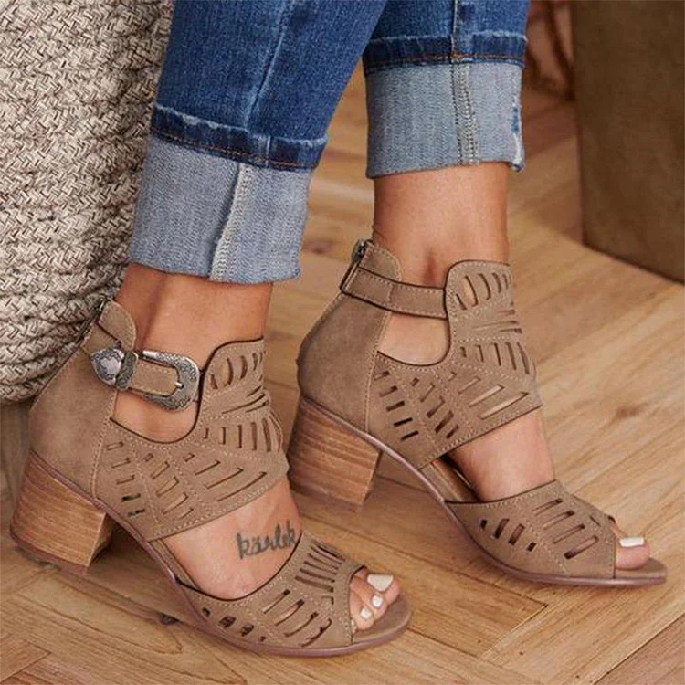 Vintage Hollow Out Sandals Mid Heel Buckle Ladies Shoes