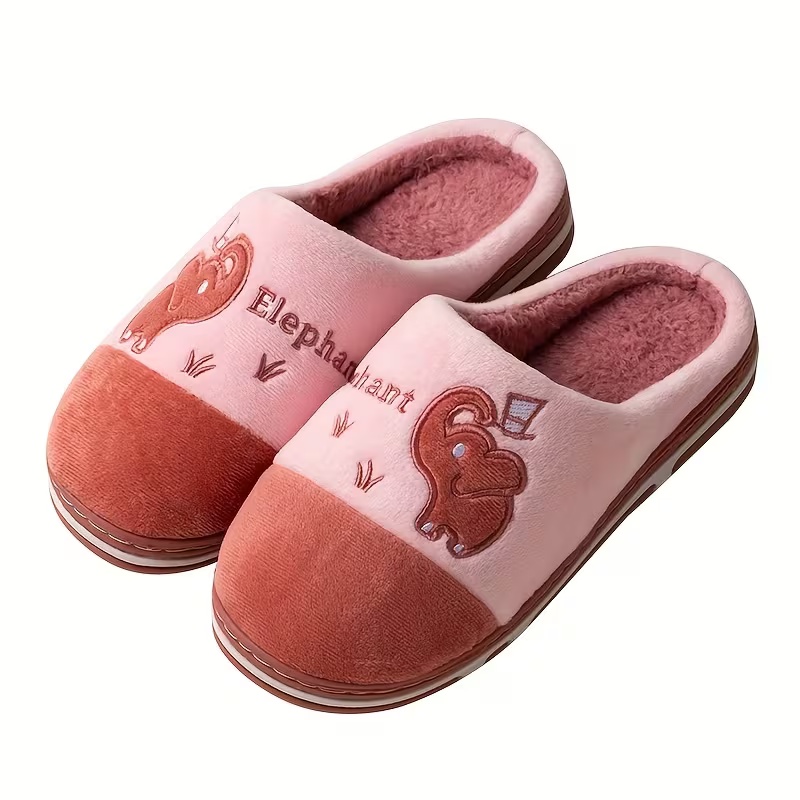Women's Winter Plush Slip-On Slippers with Elephant Cartoon Design