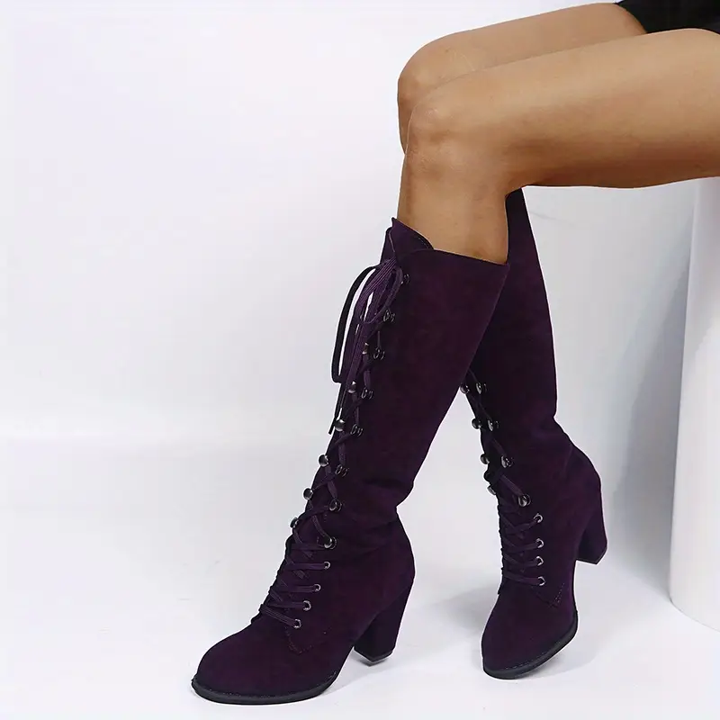 Women's Heeled Chunky Lace Up Knee High Comfy Long Boots