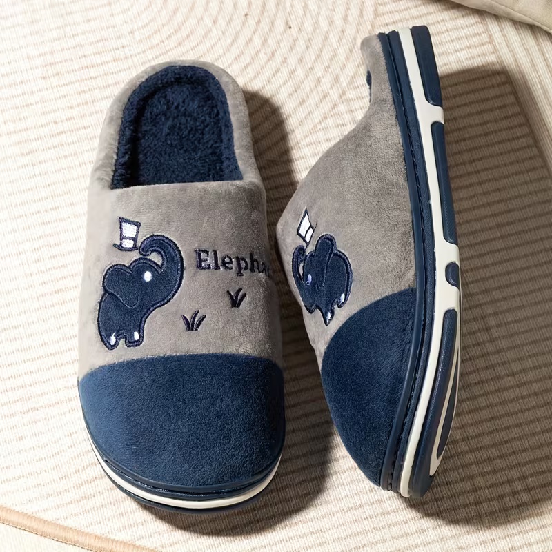 Women's Winter Plush Slip-On Slippers with Elephant Cartoon Design