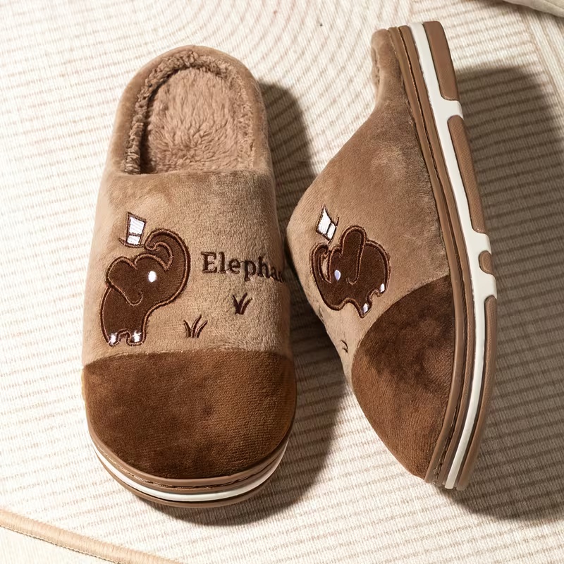 Women's Winter Plush Slip-On Slippers with Elephant Cartoon Design