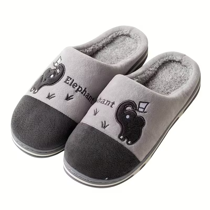 Women's Winter Plush Slip-On Slippers with Elephant Cartoon Design